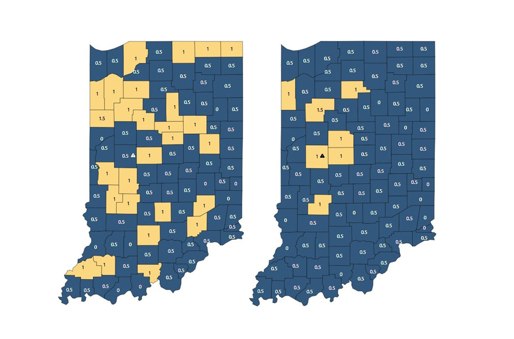 Indiana weekly coronavirus score map 06-09-2021 and 06-16-2021